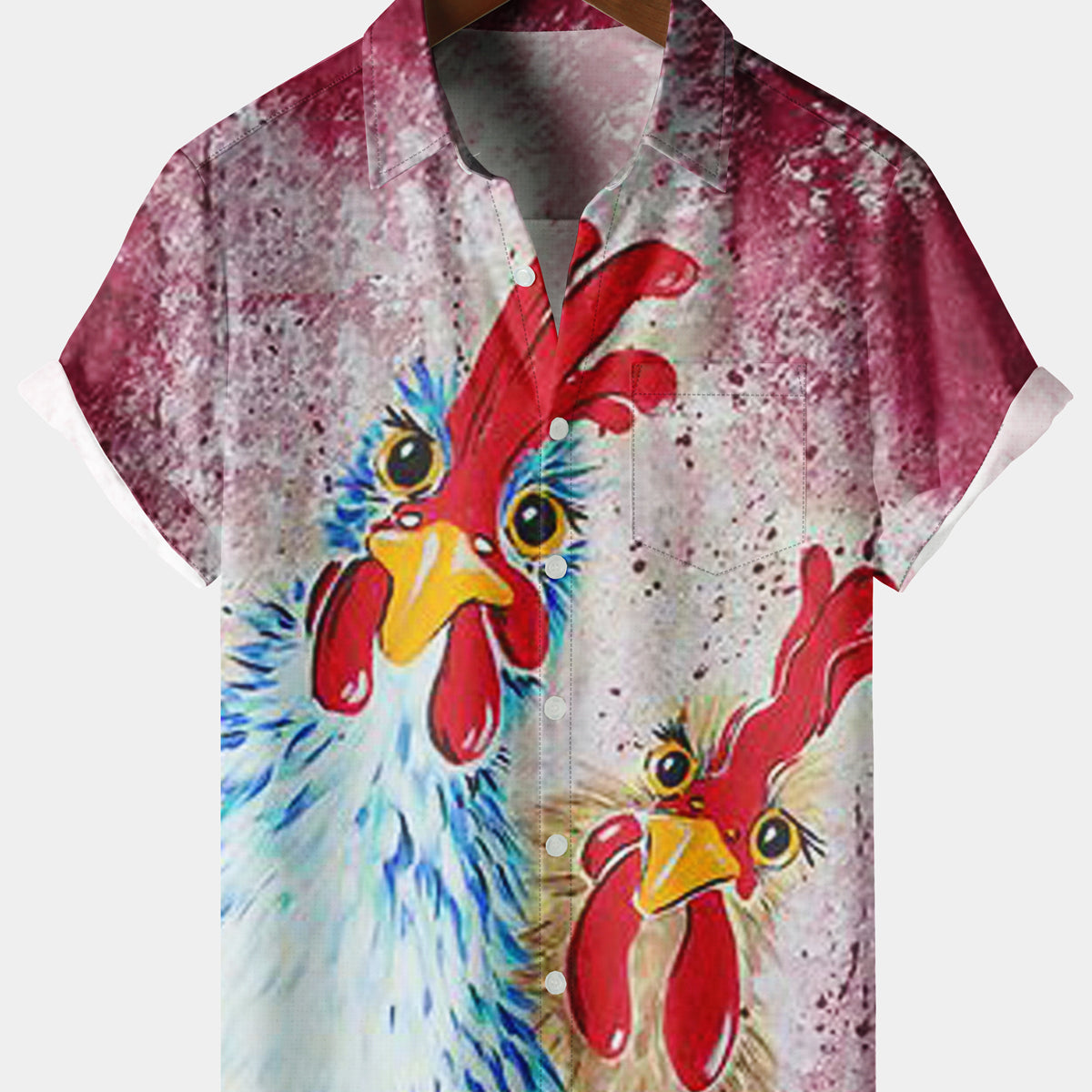 Men's Casual Chicken Chest Pocket Red Short Sleeve Shirt