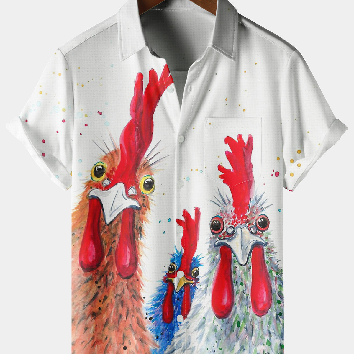 Men's Casual Chicken Chest Pocket White Short Sleeve Shirt