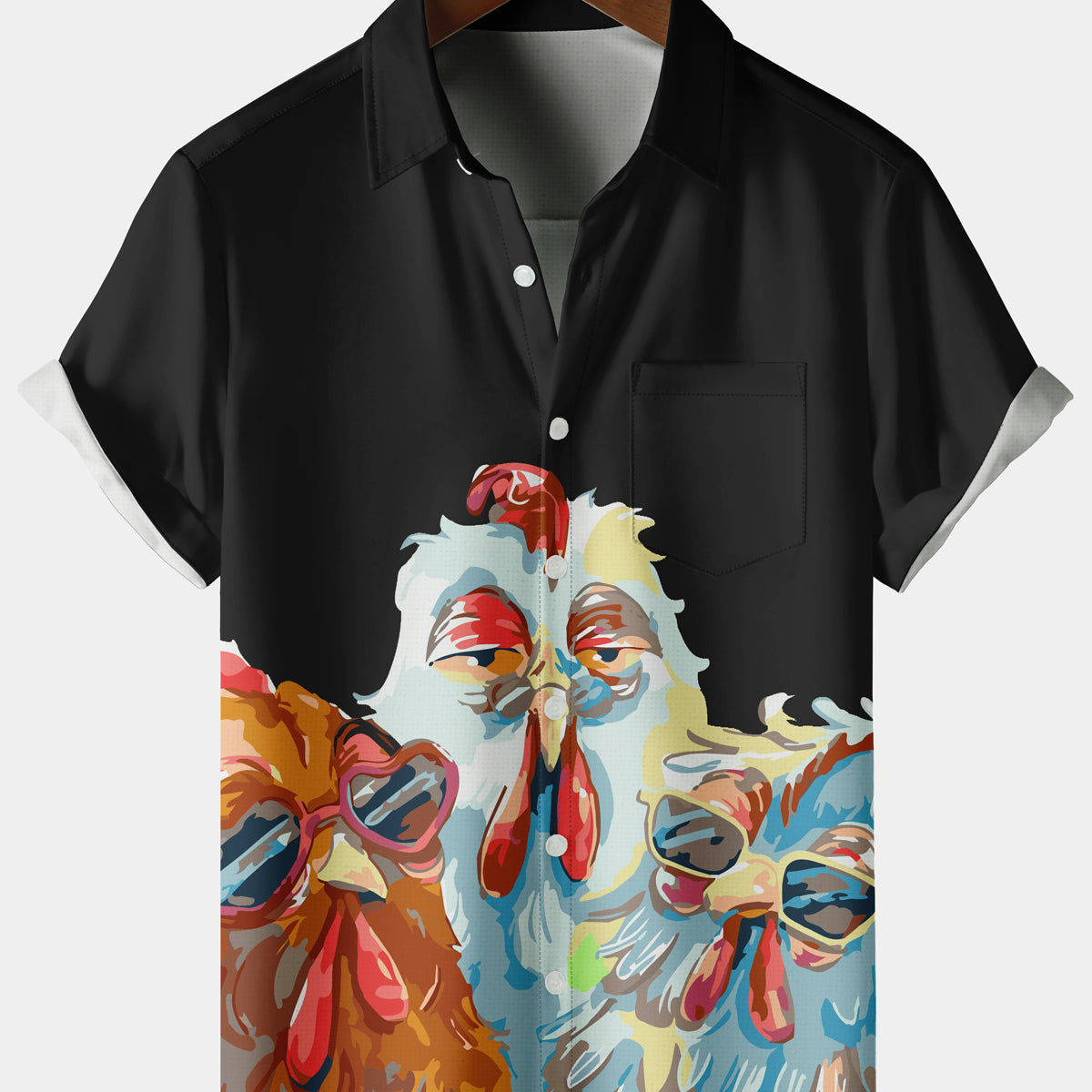 Men's Casual Chicken Chest Pocket Black Short Sleeve Shirt