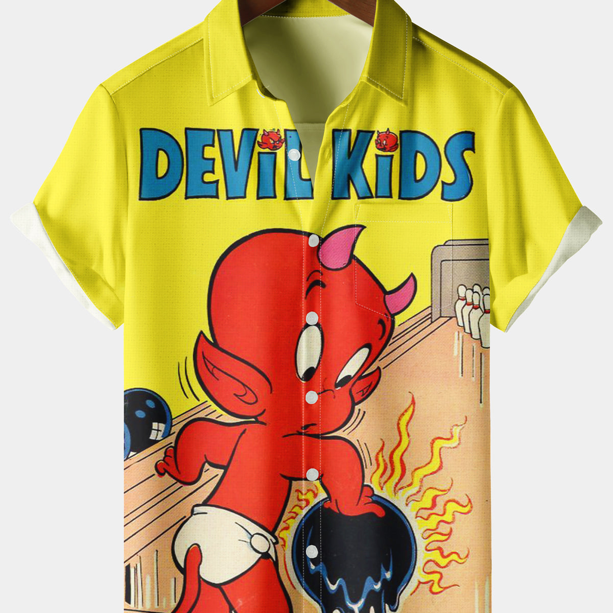 Men's Casual Retro Devil Kids Chest Pocket Yellow Short Sleeve Shirt