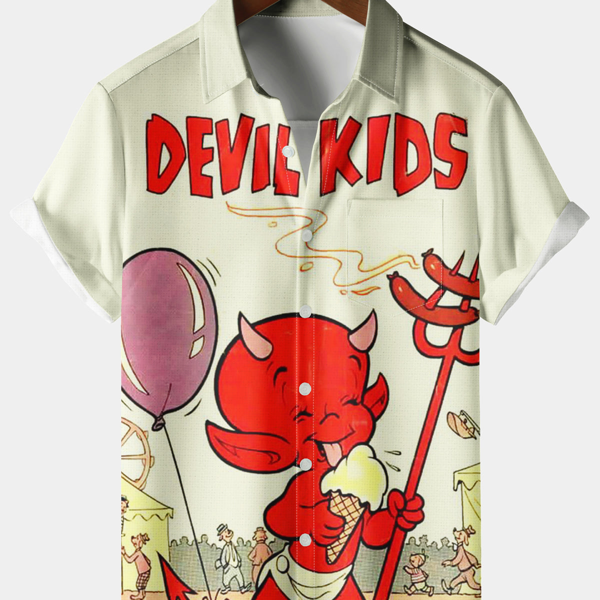 Men's Casual Retro Devil Kids Chest Pocket Beige Short Sleeve Shirt