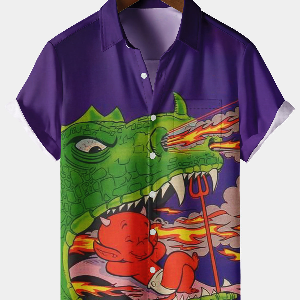 Men's Casual Retro Devil Kids Chest Pocket Purple Short Sleeve Shirt