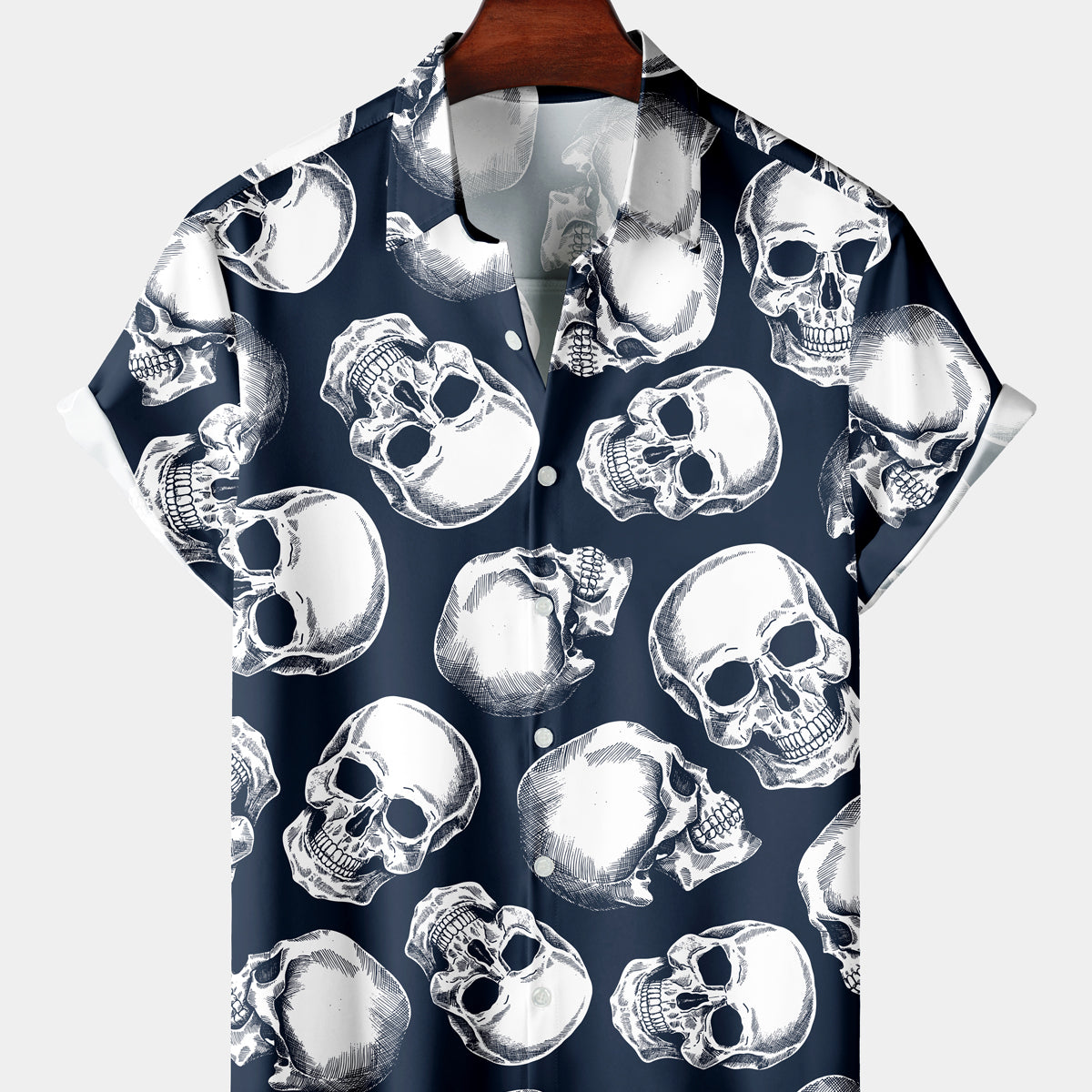 Men's Casual Navy Blue Skull Short Sleeve Shirt