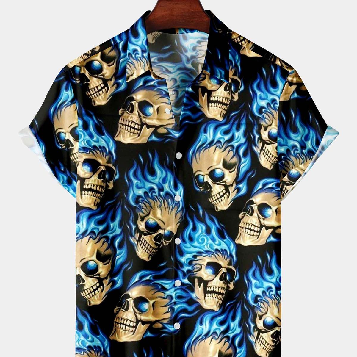 Men's Casual Blue Flame Skull Short Sleeve Shirt
