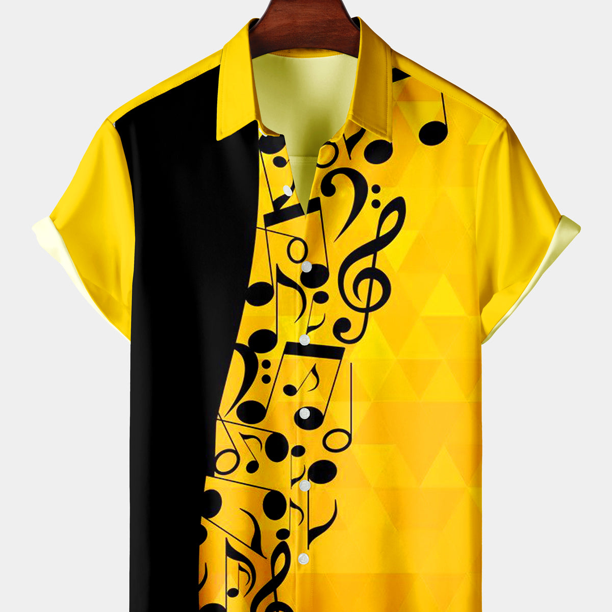 Men's Casual Black Yellow Stitching Note Short Sleeve Shirt