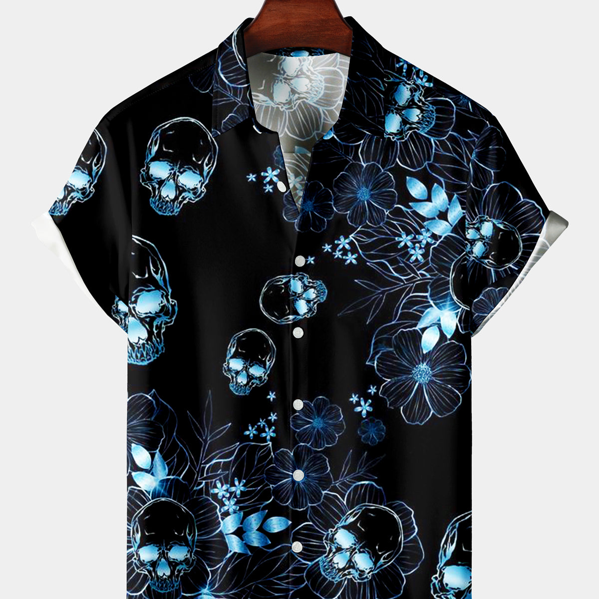 Men's Casual Blue Flower Skull Short Sleeve Shirt