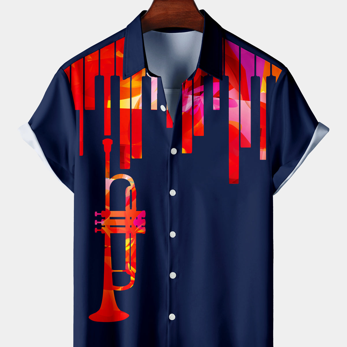 Men's Casual Music Small Navy Blue Short Sleeve Shirt
