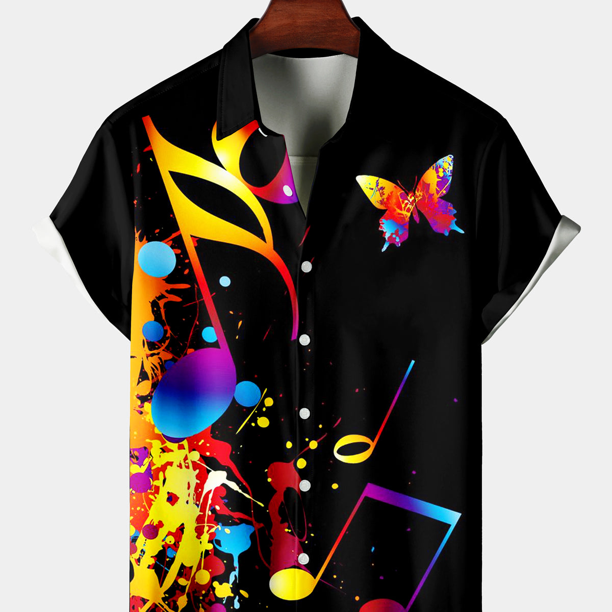 Men's Casual Black Color Butterfly Note Short Sleeve Shirt