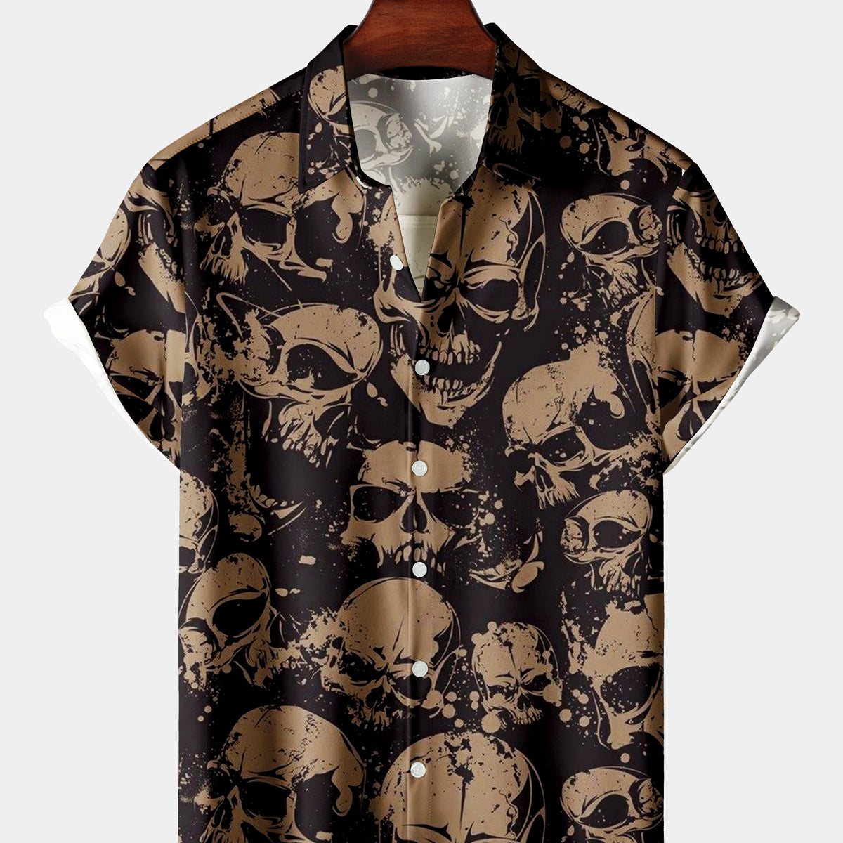 Men's Casual Brown Skull Short Sleeve Shirt
