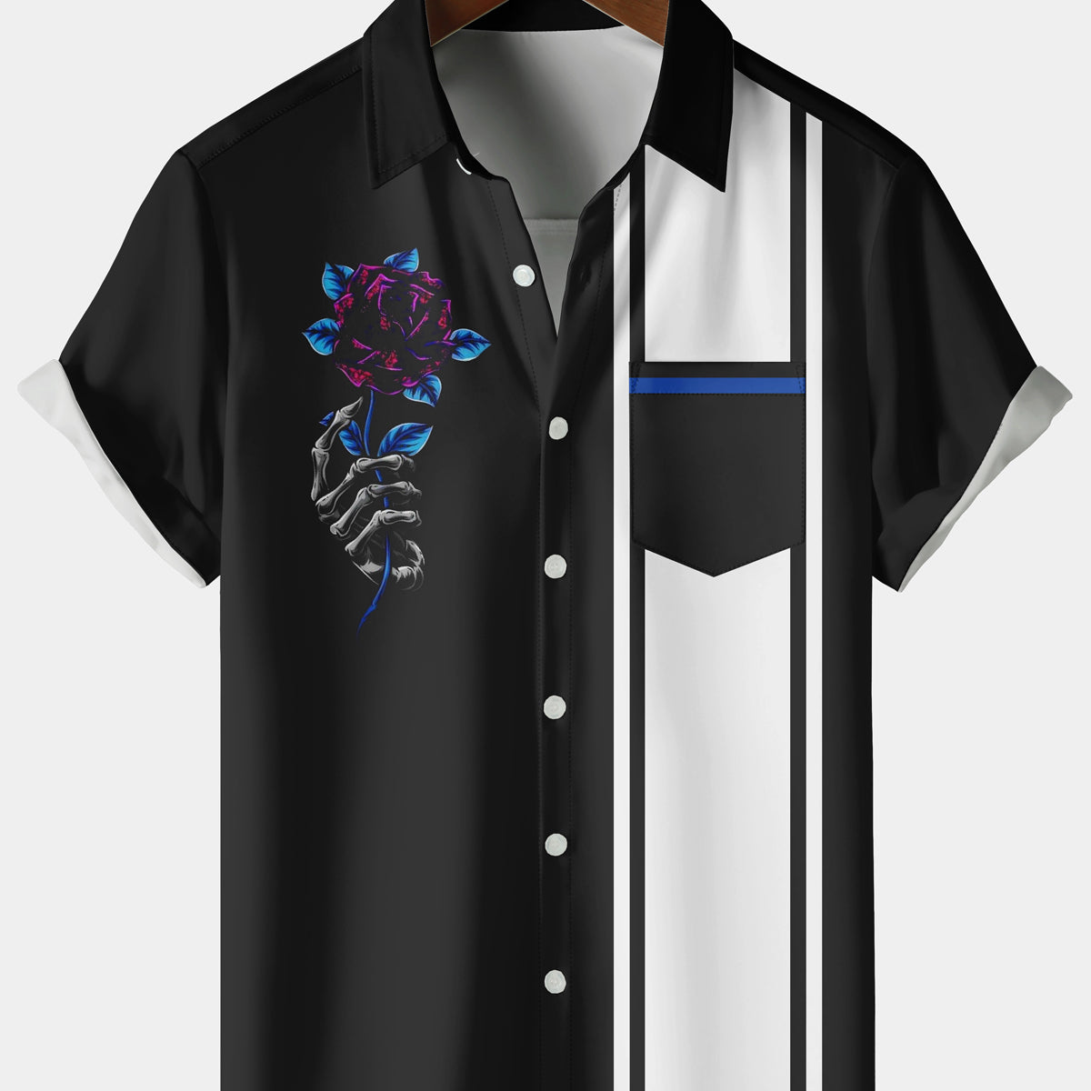 Men's Casual Skull Rose Stripe Chest Pocket Black Short Sleeve Shirt