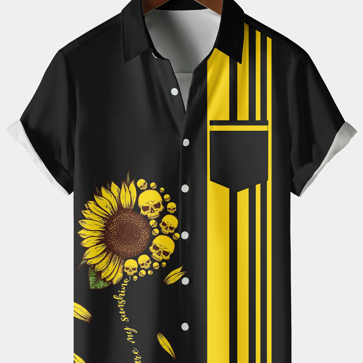 Men's Casual Skull Sunflower Stripe Chest Pocket Black Short Sleeve Shirt