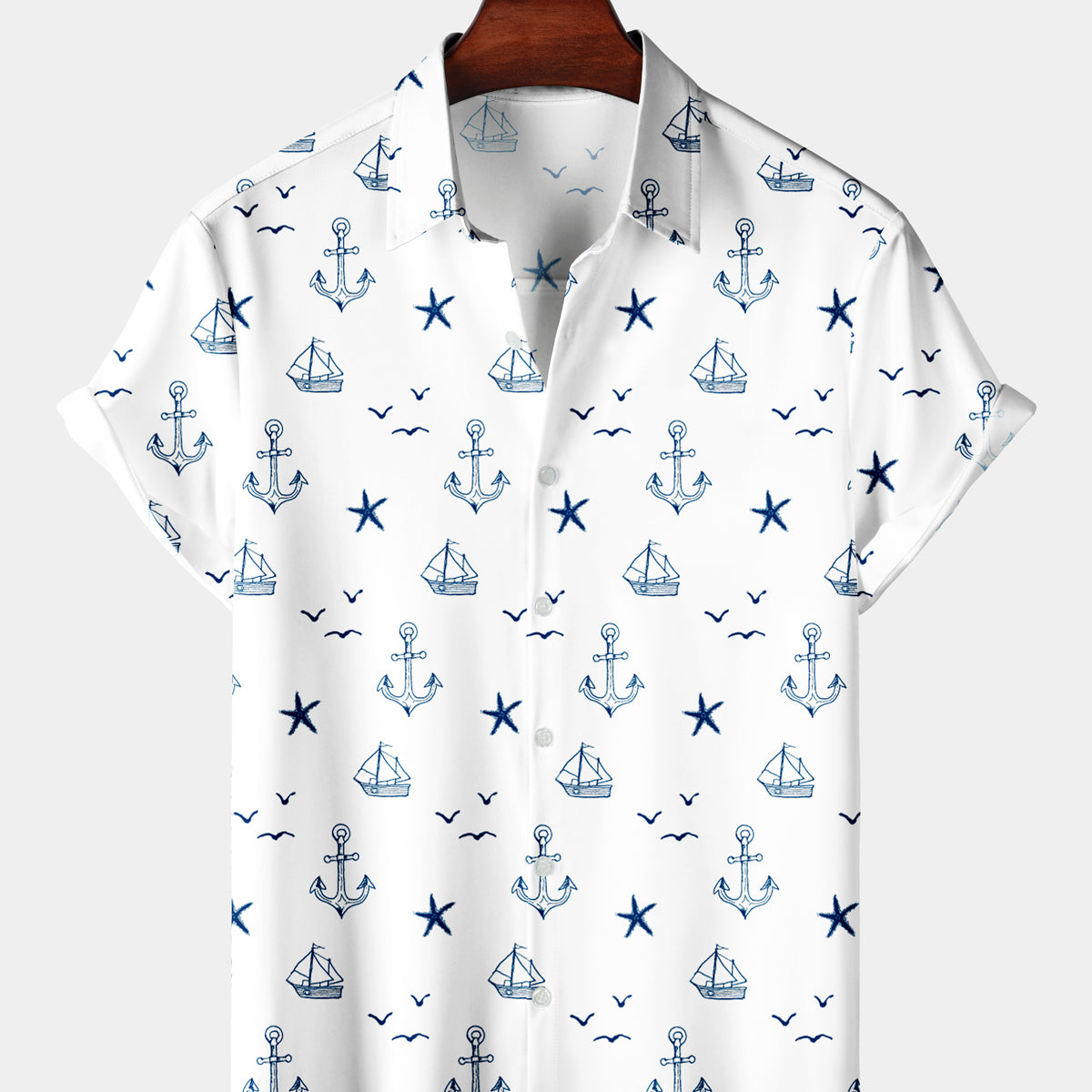 Men's Casual Anchor Starfish Sail Small Icon Short Sleeve Shirt