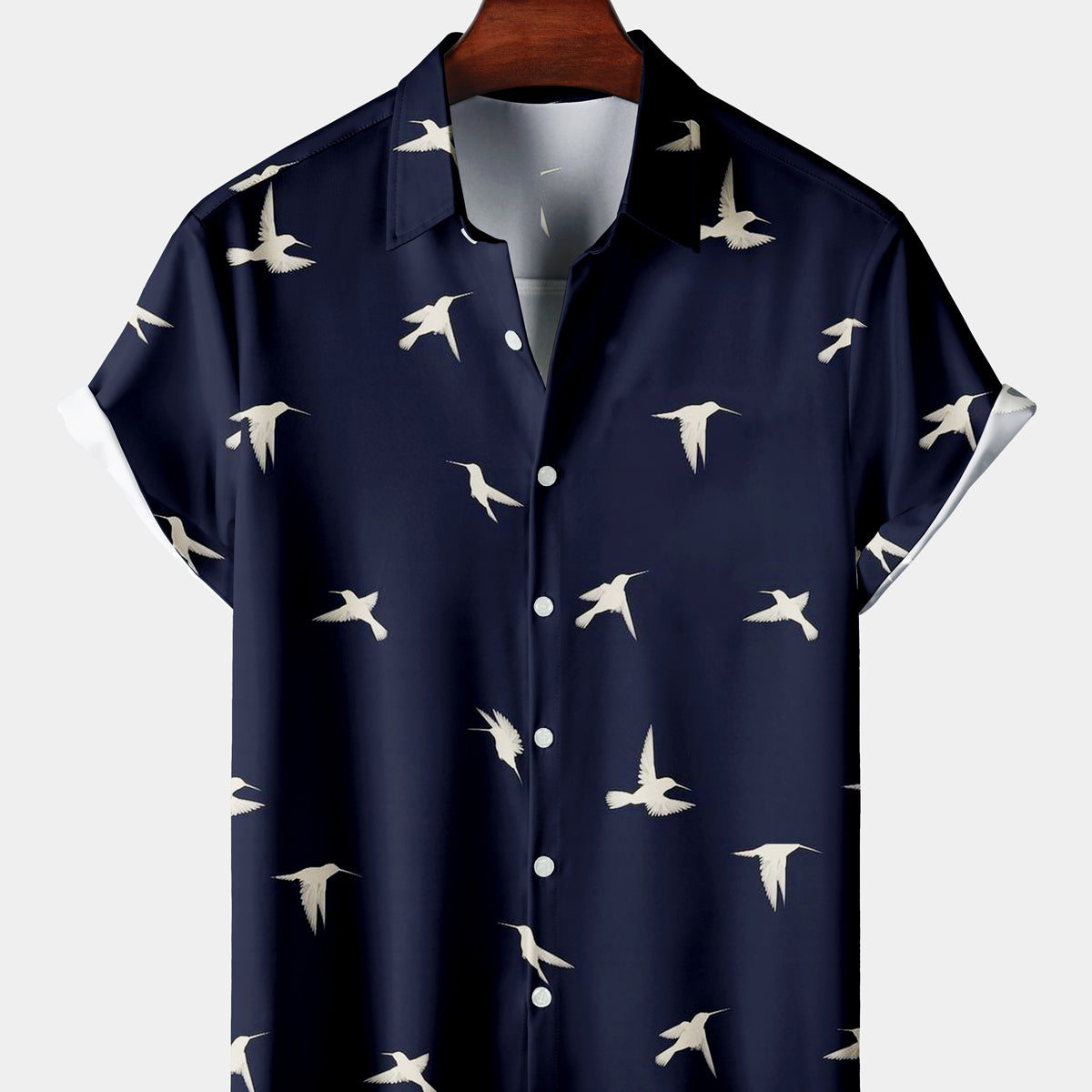 Men's Casual White Bird Icon Navy Blue Short Sleeve Shirt