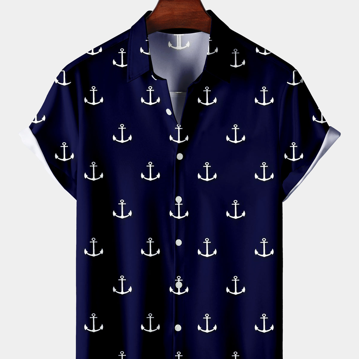 Men's Casual Boat Anchor Icon Navy Short Sleeve Shirt