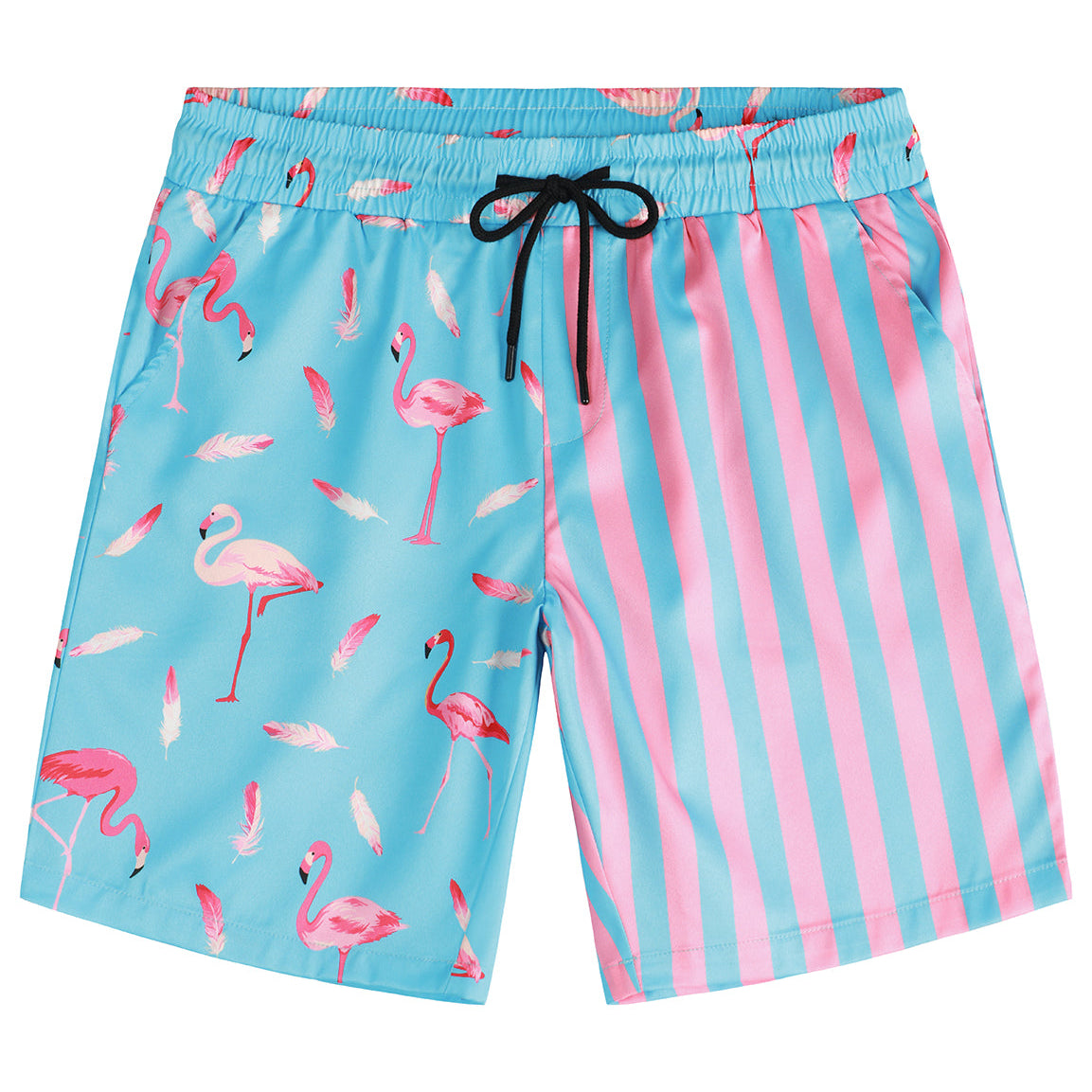 Men's Flamingo and Blue Striped Beach Animal Hawaiian Aloha Shorts