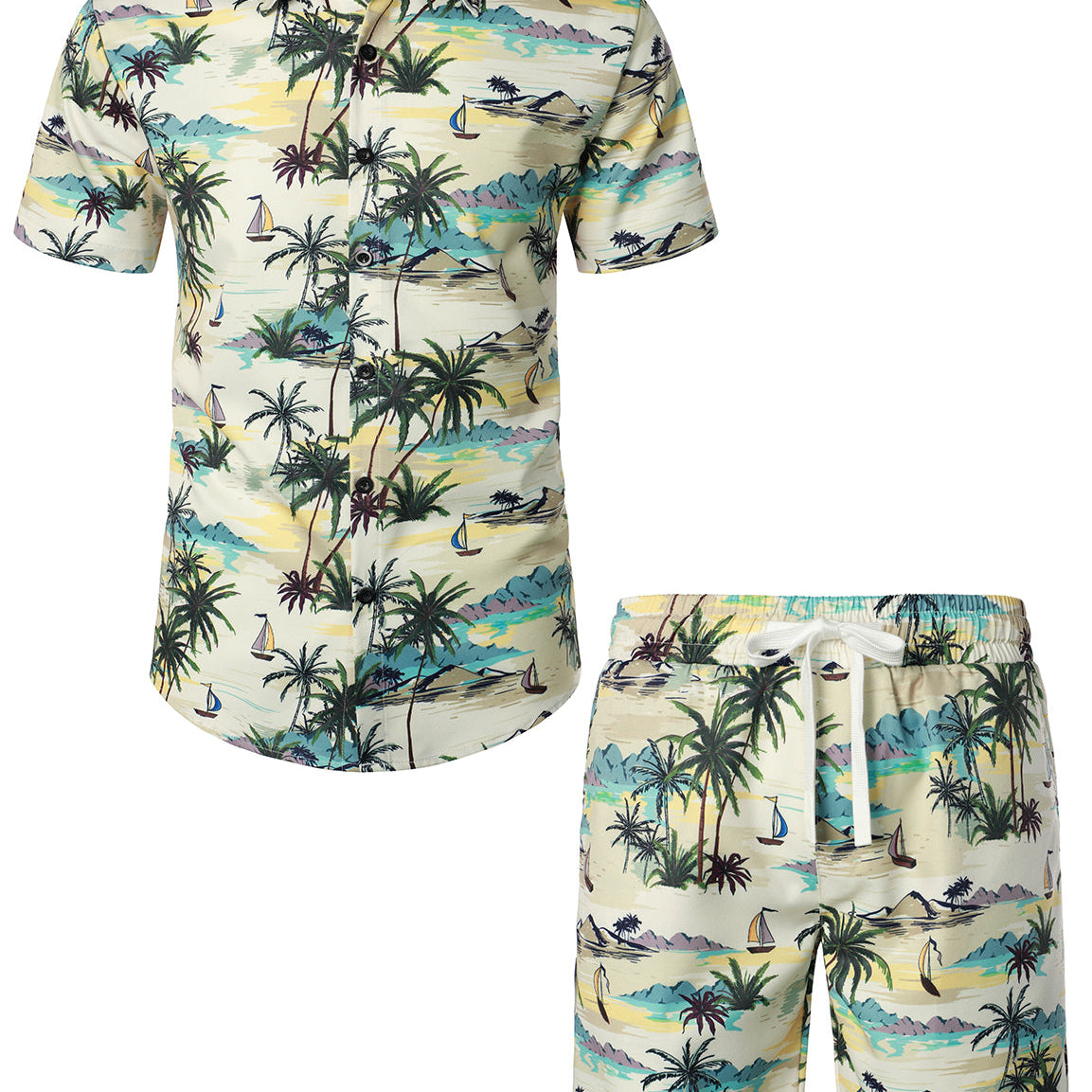 Men's Beige Summer Casual Hawaiian Shirt & Shorts Set