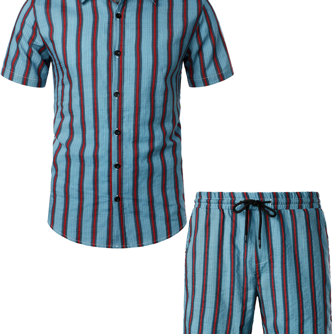 Men's Blue Casual Striped Cotton Shirt & Shorts Set