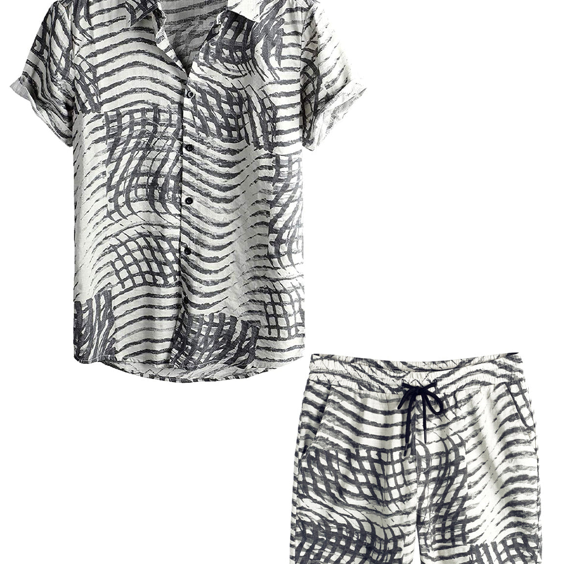 Men's Vintage Casual Button Down Hawaiian Shirts&Shorts Set