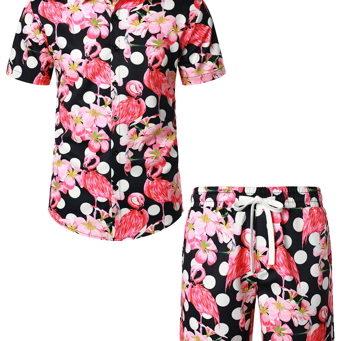 Men's Flamingo Polka dots Black Hawaiian Shirt & Shorts Set